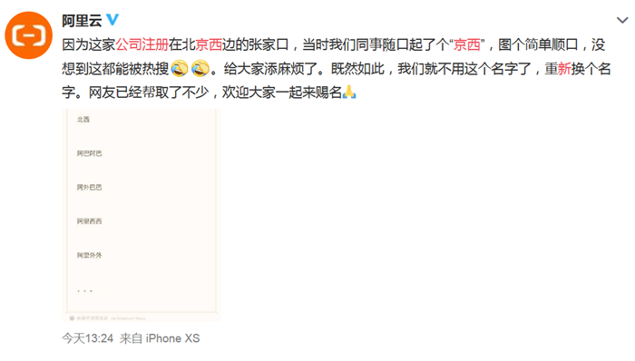 开云 开云体育平台阿里云回应注册新公司“京西”：原本是图个简单顺口打算重新换个名字(图2)